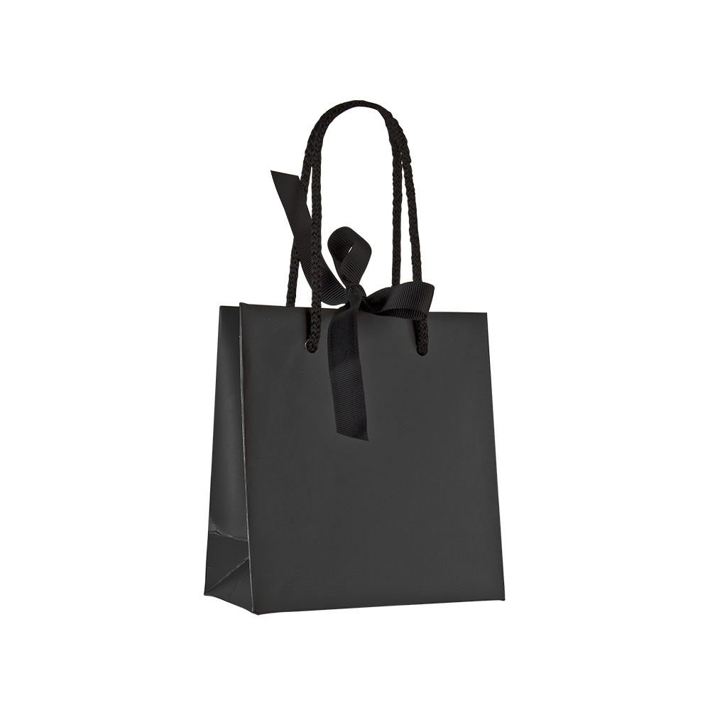 Black satin-finish paper boutique bag with black ribbon, 14 x 7 x 15 cm H, 210 g