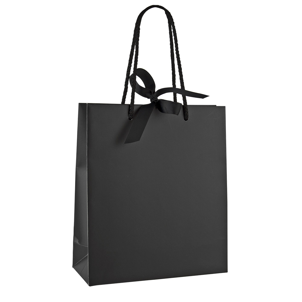 Black satin-finish paper boutique bag with black ribbon, 20 x 8 x 23 cm H, 210 g