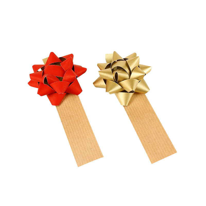 Red and gold self-adhesive confetti bows with label to write on, 6cm diam