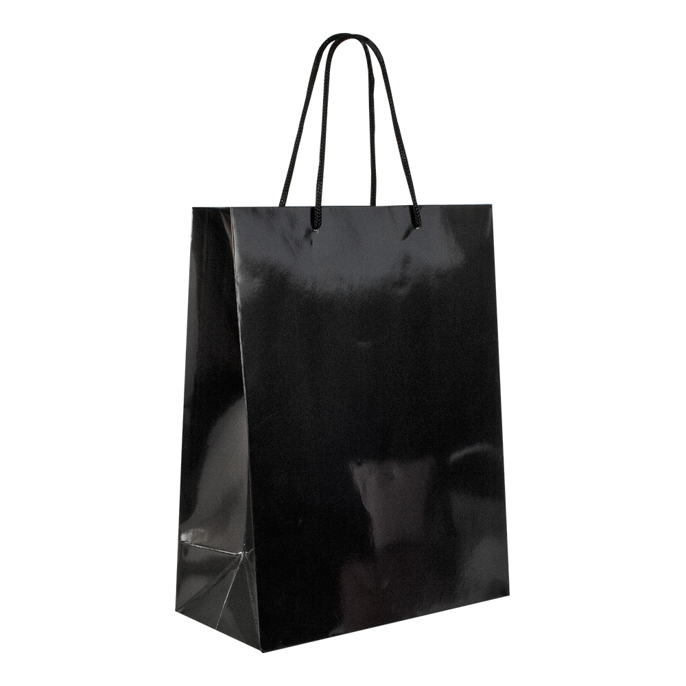 Black gloss paper boutique bags, 26.4 x 12.5 x 32.7 cm H, 190 g