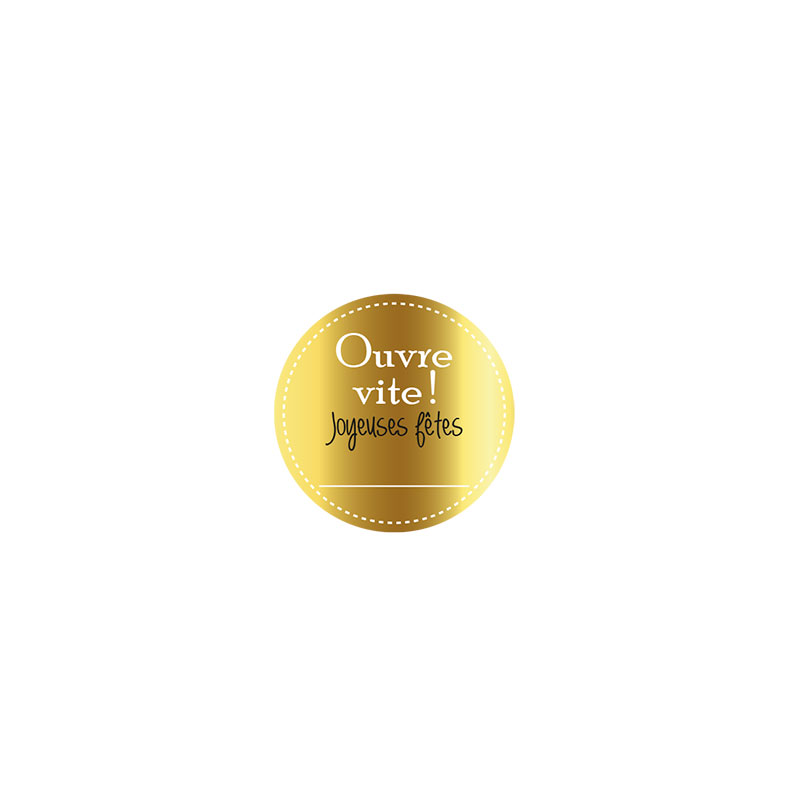 French ™Ouvre vite !™ Christmas labels Gold hot-foil printed French ™Joyeuses fêtes™ labels