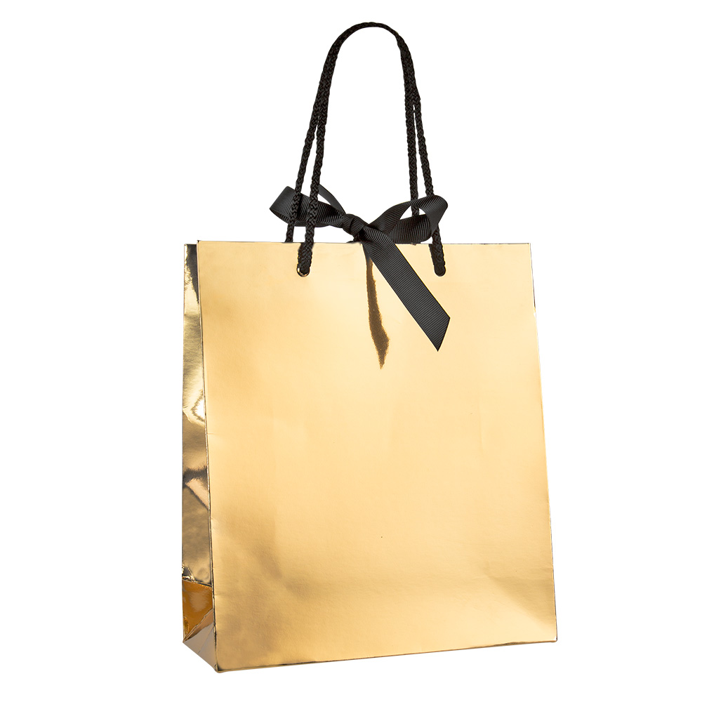 Gold mirror effect paper boutique bag with black ribbon, 20 x 8 x 23 cm, 210 g