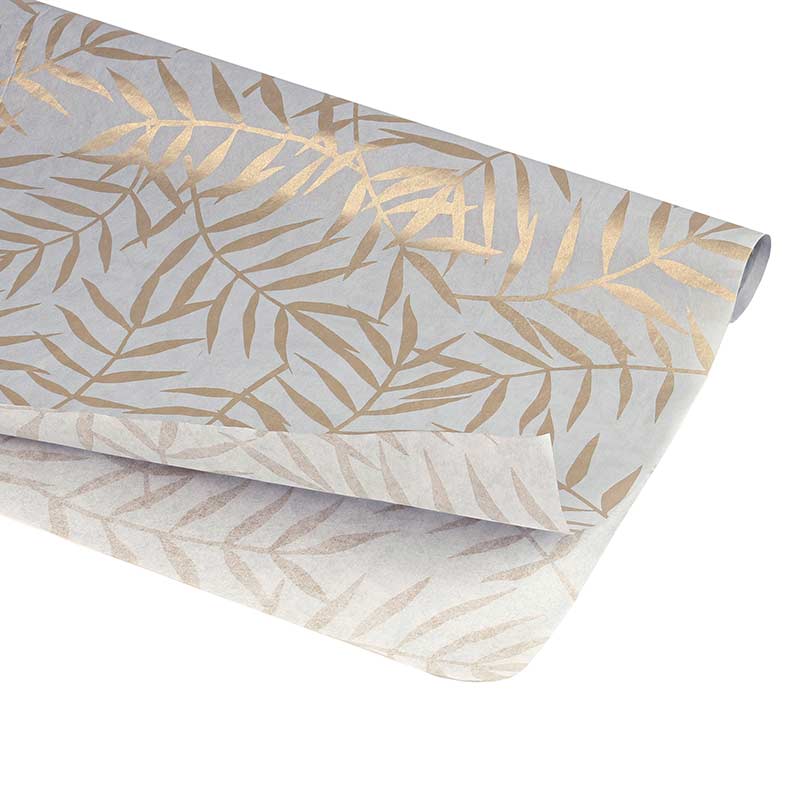 Grey-blue background tissue paper with gold foliage motifs