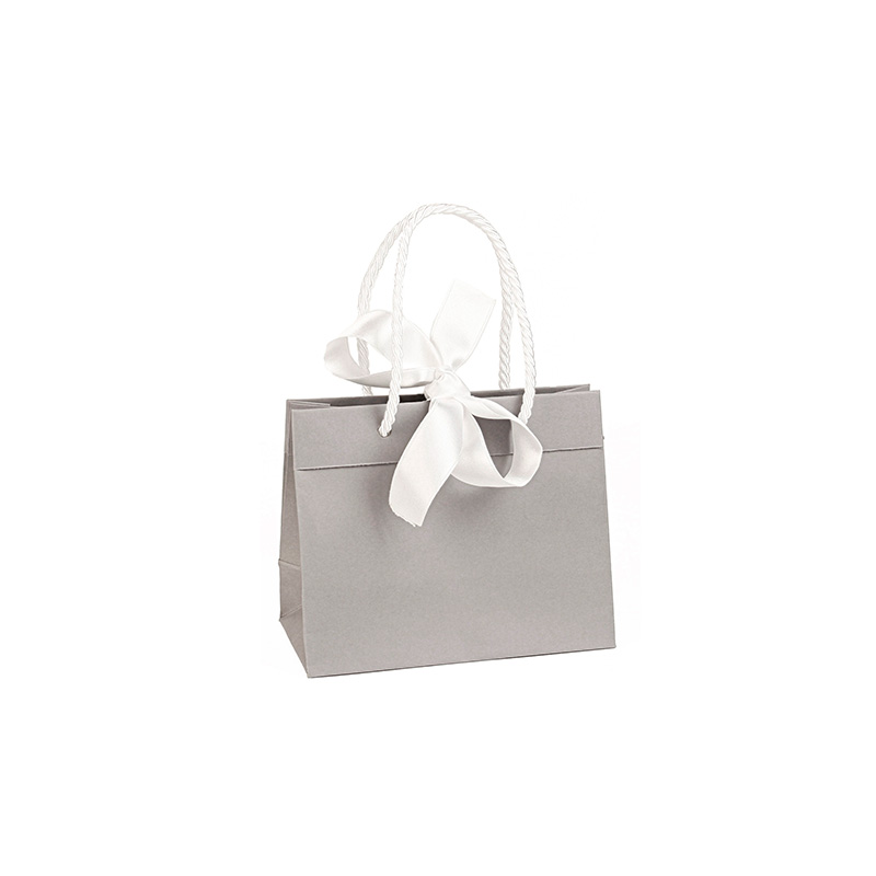 Grey matt paper carrrier bags, white ribbon, 16 x 8 x 12 cm H, 165 g