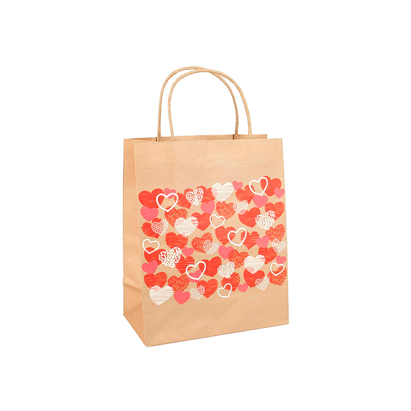Kraft paper bags with pink and red hearts, 11.4 x 6.4 H 14.6cm, 190g