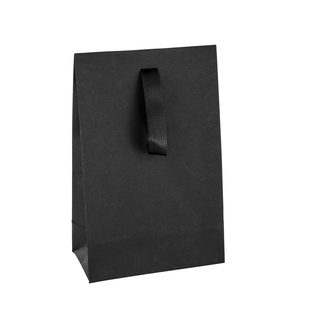 Matt black paper stand-up bags with black satin ribbon, 140 g - 13 x 7 x 20 cm tall