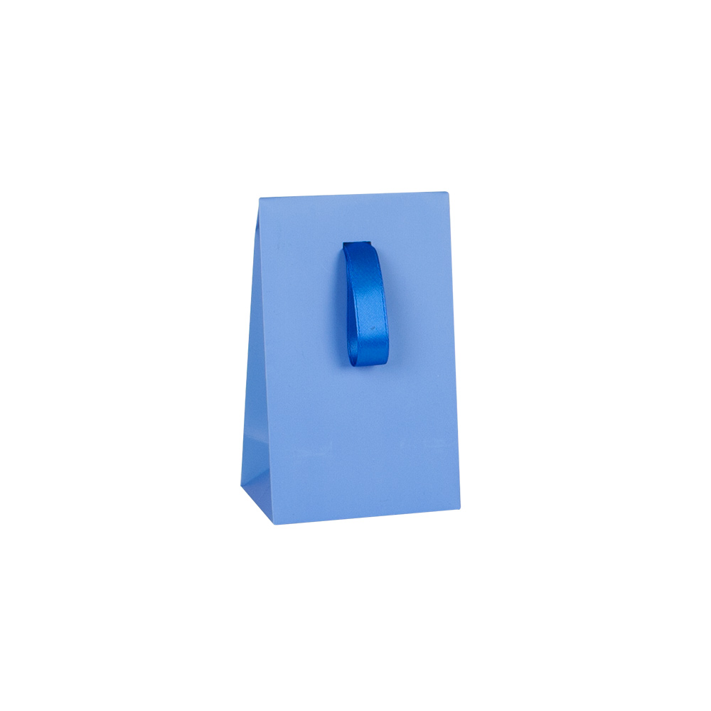 Matt blue paper stand-up bags with matching satin ribbon, 170 g - 10 x 6.5 x 16 cm tall