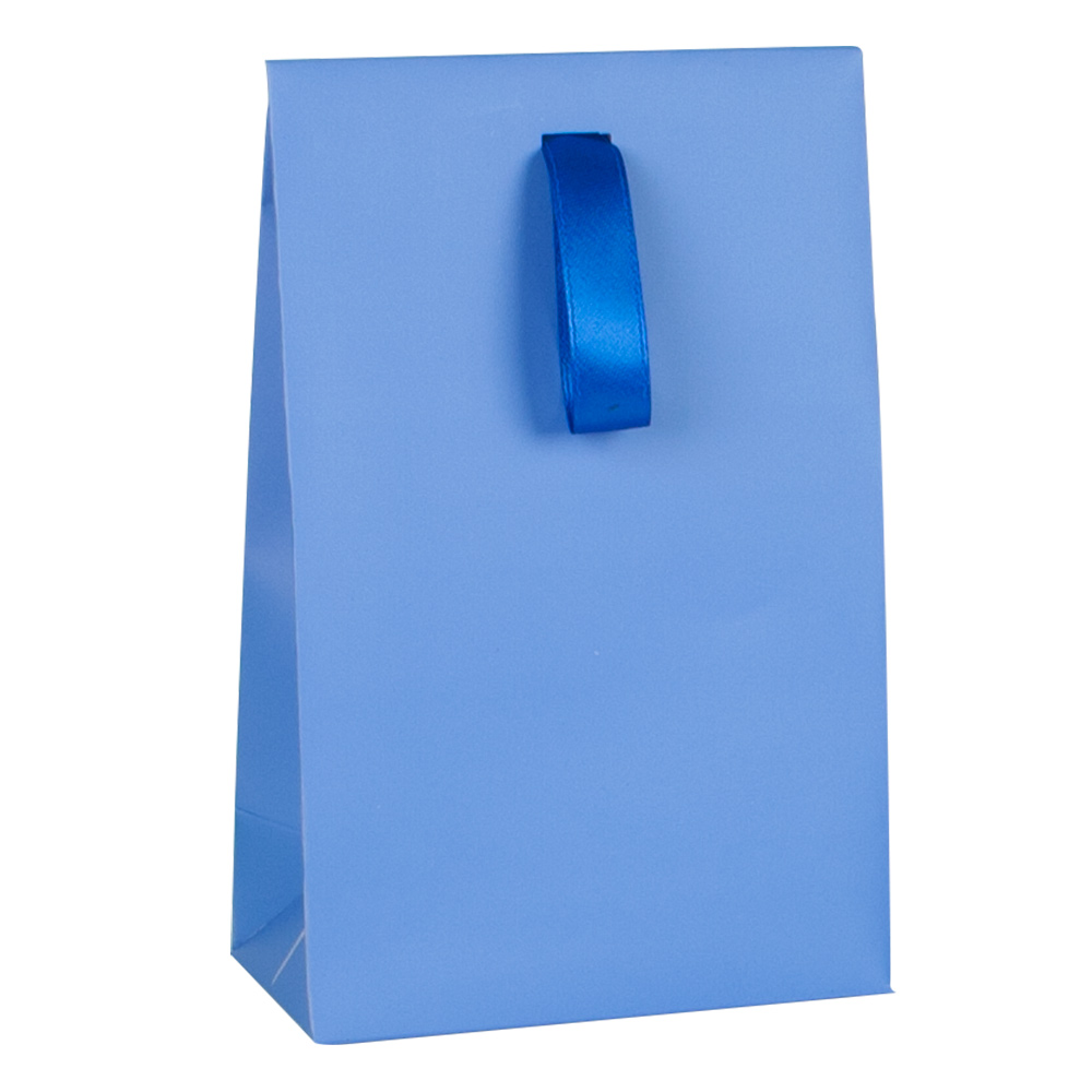Matt blue paper stand-up bags with matching satin ribbon, 170 g - 13 x 7 x 20 cm tall