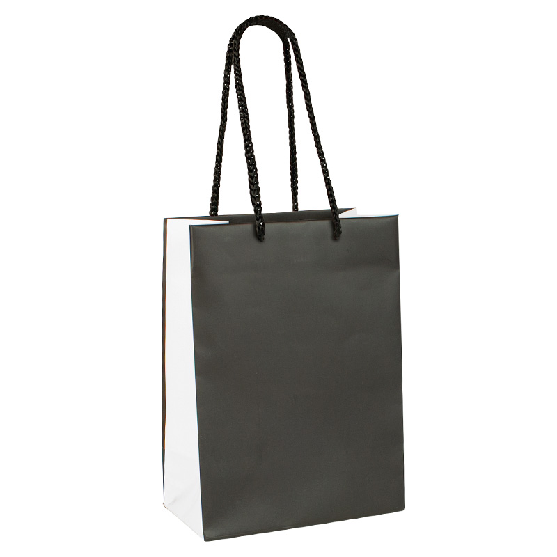 Matt finish black and white paper carrier bags 18 x 10 x 22,7cm H, 190g