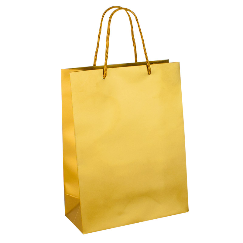 Matt gold coloured paper carrier bags, 22 x 10 x 29 cm H, 190g