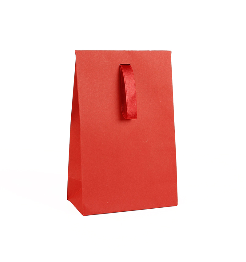 Matt red paper stand-up bags with matching satin ribbon, 170 g - 13 x 7 x 20 cm tall