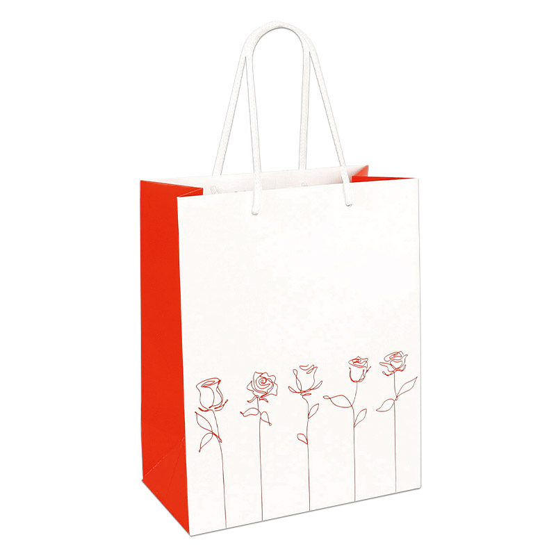 Matt white and red paper carrier bag with red roses, 18 x 10 x 22.7 cm, 190 g