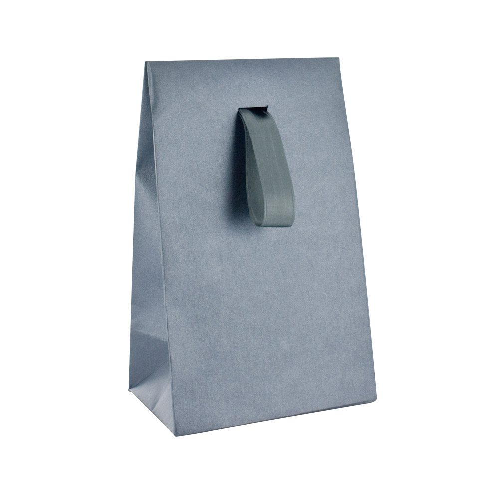 Pearlescent charcoal grey paper stand-up bags with grey ribbon, 125 g - 10 x 6.5 x 16 cm tall