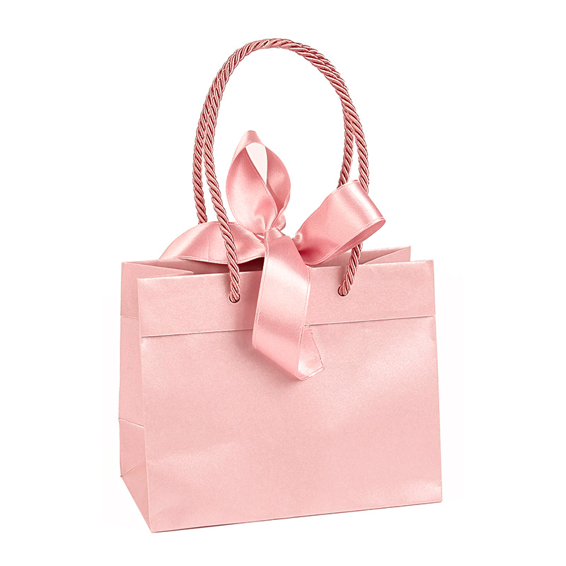 Pearlescent pink paper carrier bag, pink ribbon 24 x 10 x 18 cm tall, 165g
