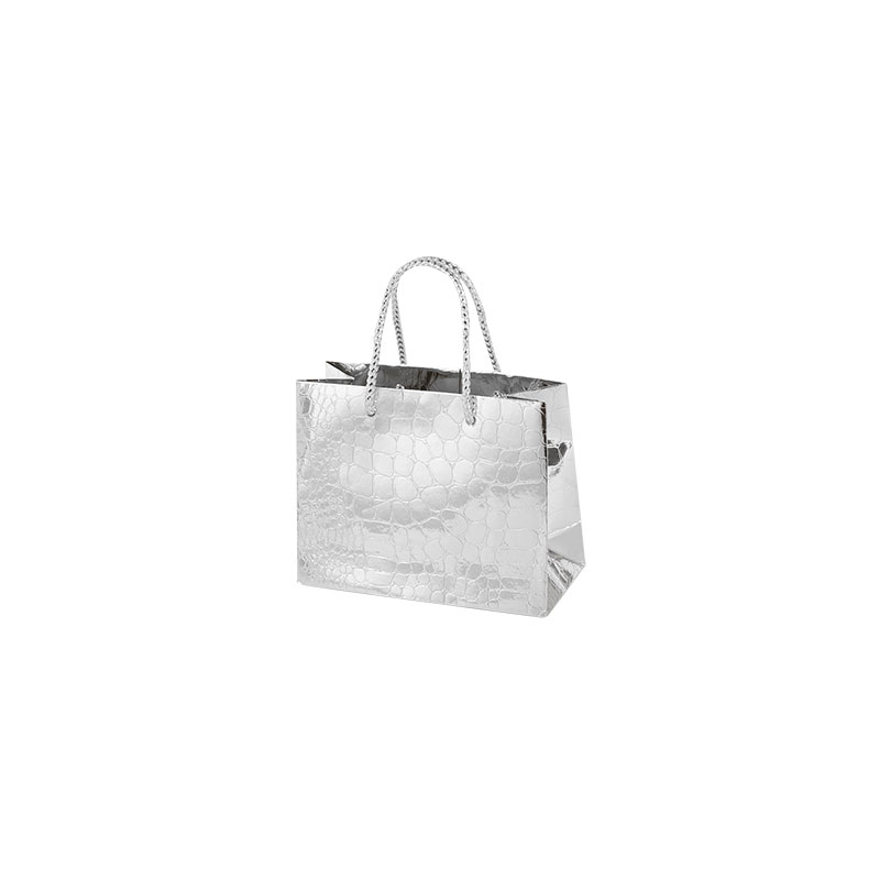 Silver mirror-effect paper crocodile boutique bags, 14.6 x 6.4 x 11.4 cm H, 190 g