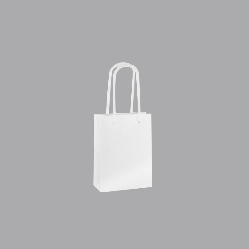 Tall white laminated boutique paper bags, 8.1 x 3.3 x 10.8 cm H, 190g