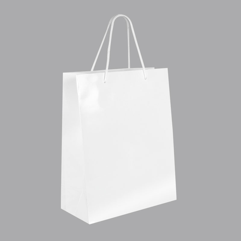 Tall white laminated boutique paper bags, 26.4 x 12.5 x 32.7 cm H, 190g