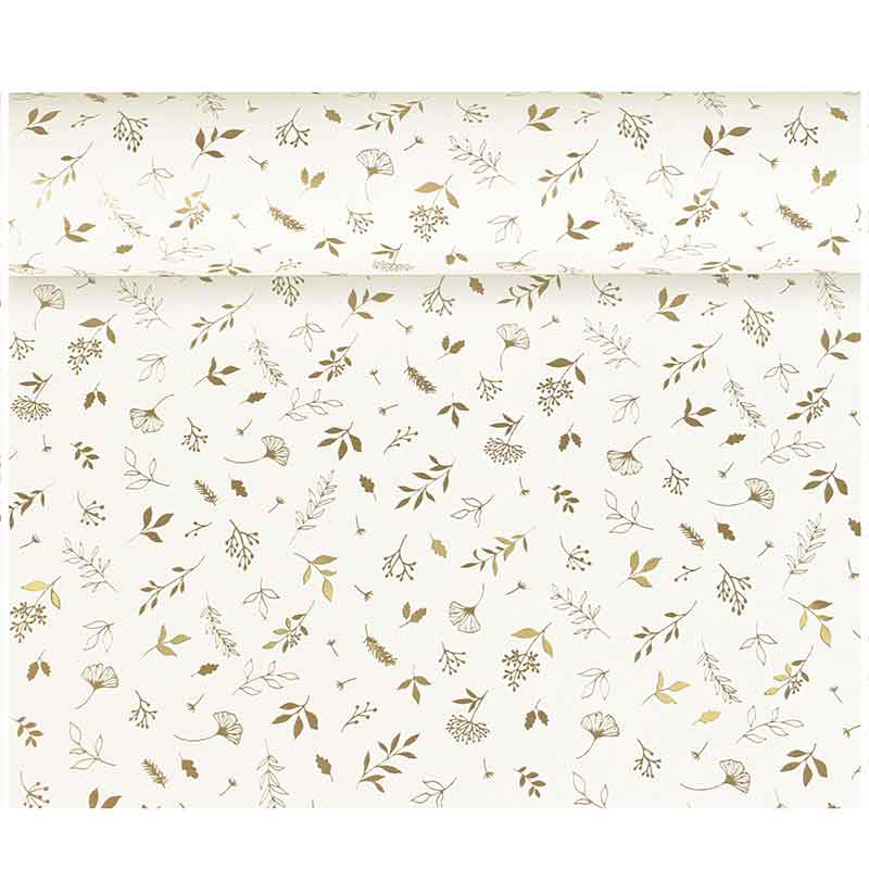 White gift wrapping paper with gold-coloured foliage print, 0.70 x 25m, 80 g
