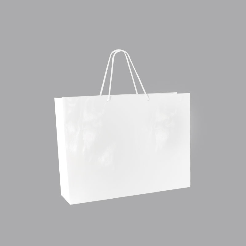 White laminated paper boutique bags, 43 x 12 x 32 cm H, 190g