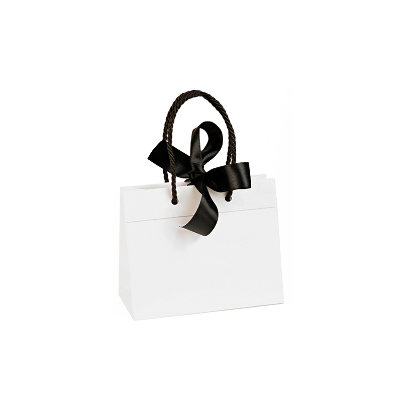 White matt paper carrrier bags, black ribbon, 16 x 8 x 12 cm H, 165 g