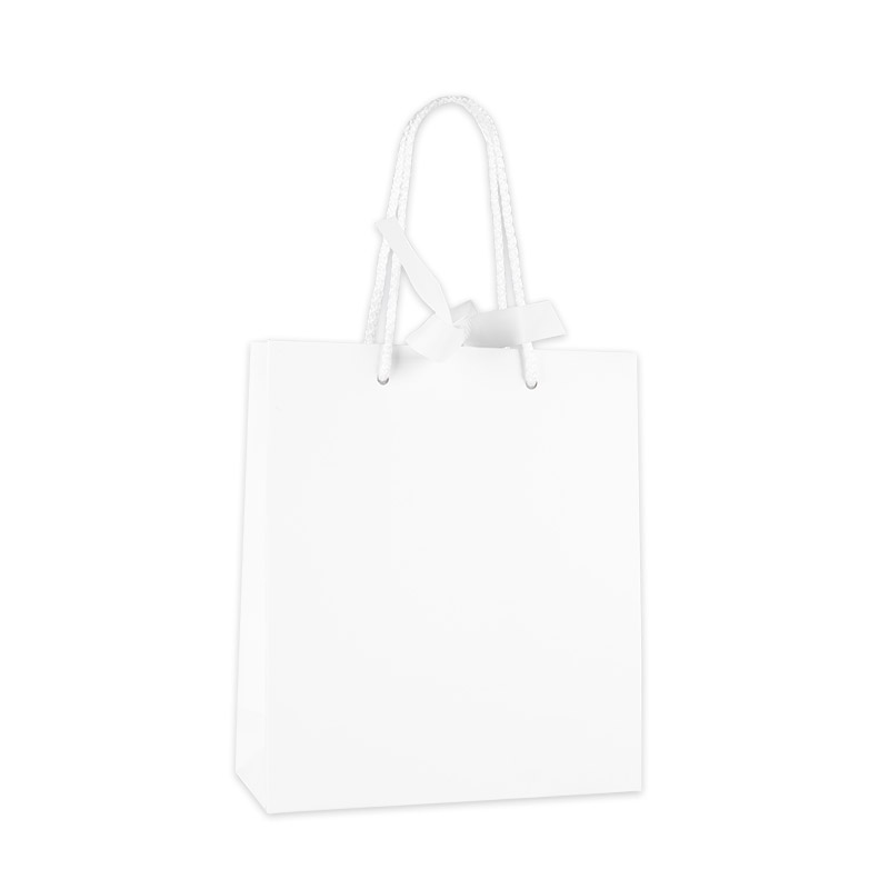 White satin-finish paper boutique bag with white ribbon, 20 x 8 x 23 cm H, 210 g