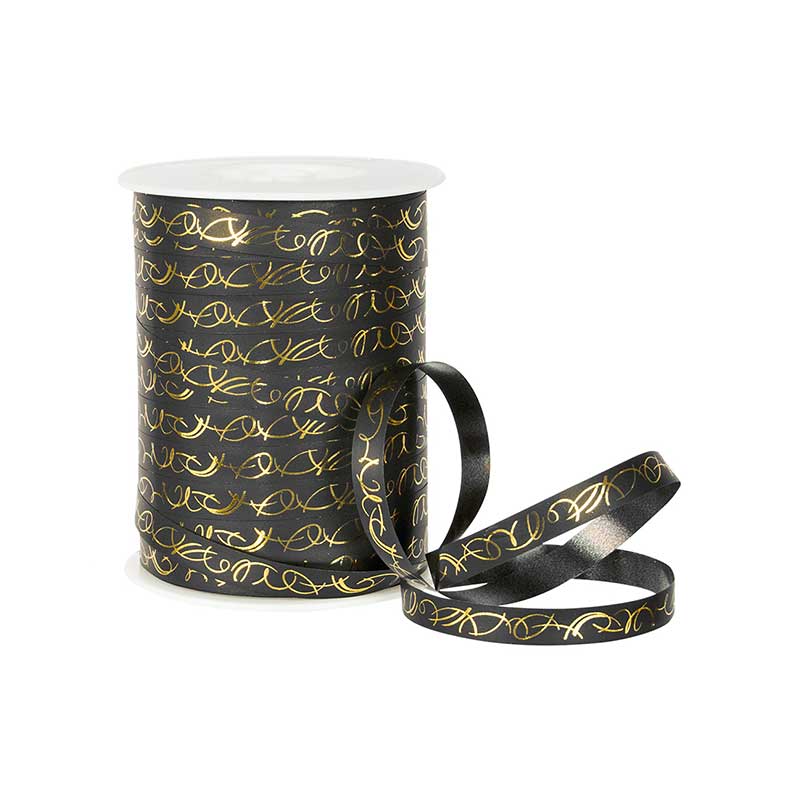 Black gift curling ribbon with gold arabesques