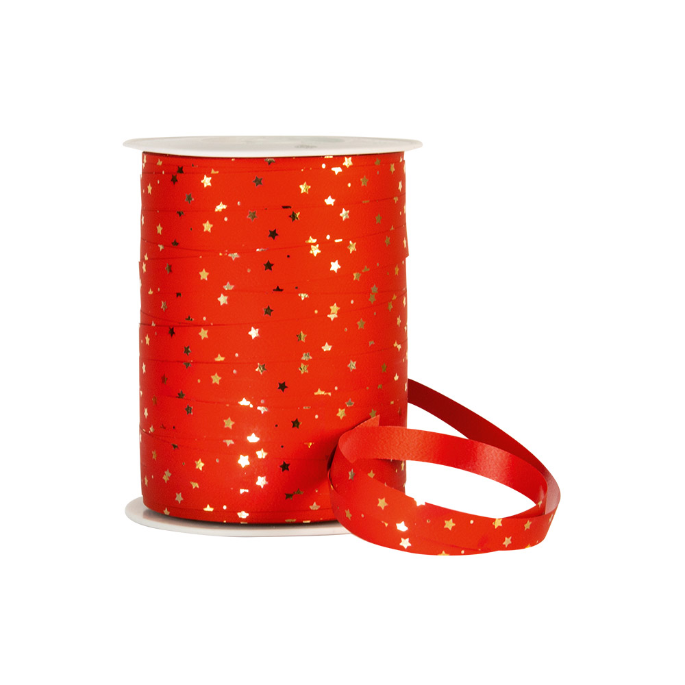 Festive red curling gift ribbon with metallic gold stars
