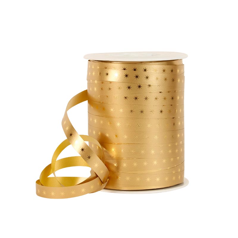 Gold-coloured curling gift ribbon with gold star motifs