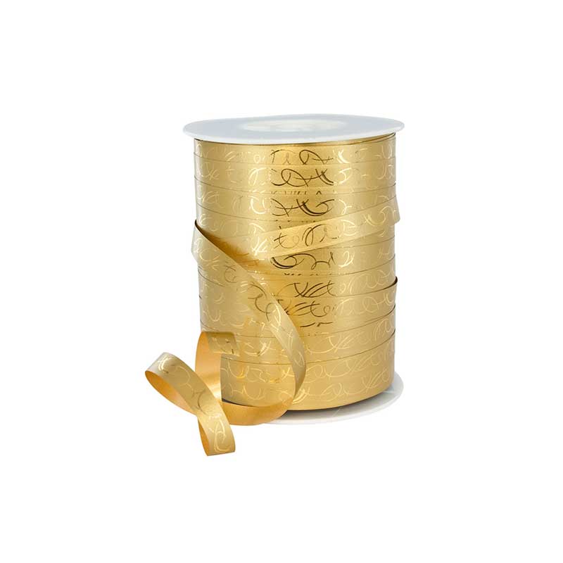 Gold gift curling ribbon with metallic gold arabesques