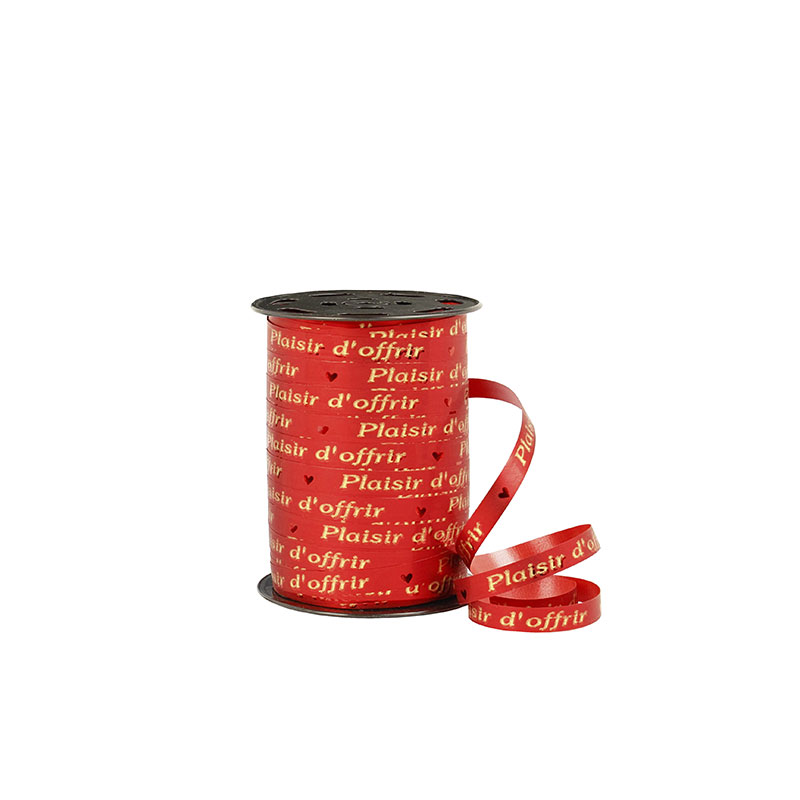 Matt red gift ribbon with gold ™Plaisir d™offrir™ print