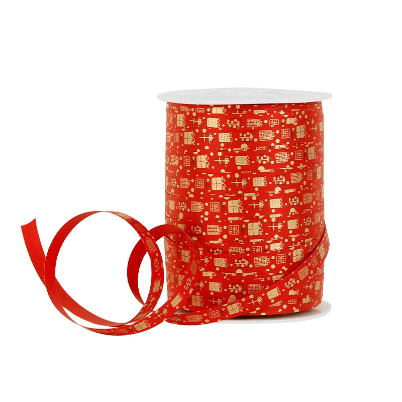 Red curling gift ribbon with golden present motifs