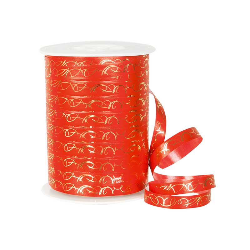 Red gift curling ribbon with gold arabesques