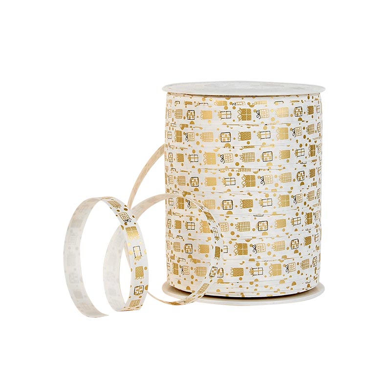 White gift curling ribbon printed with gold-coloured gift motifs