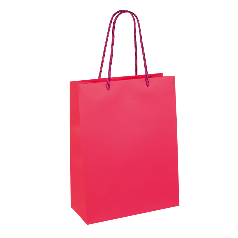 Fuchsia matt paper carrier bags, 22 x 10 x 29 cm H, 190 g