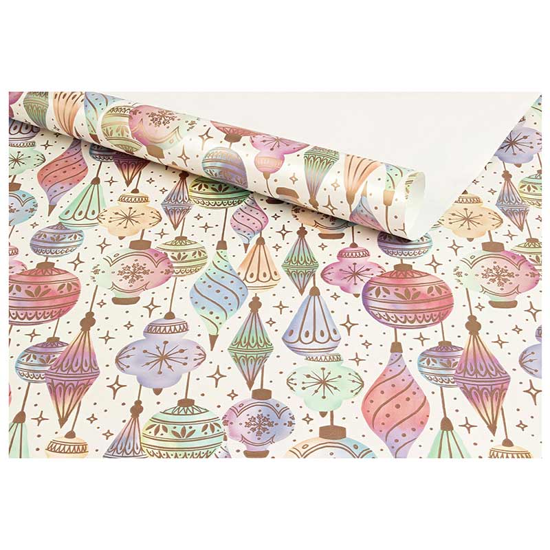 Seasonal gift wrapping paper featuring Christmas baubles on a cream-coloured background