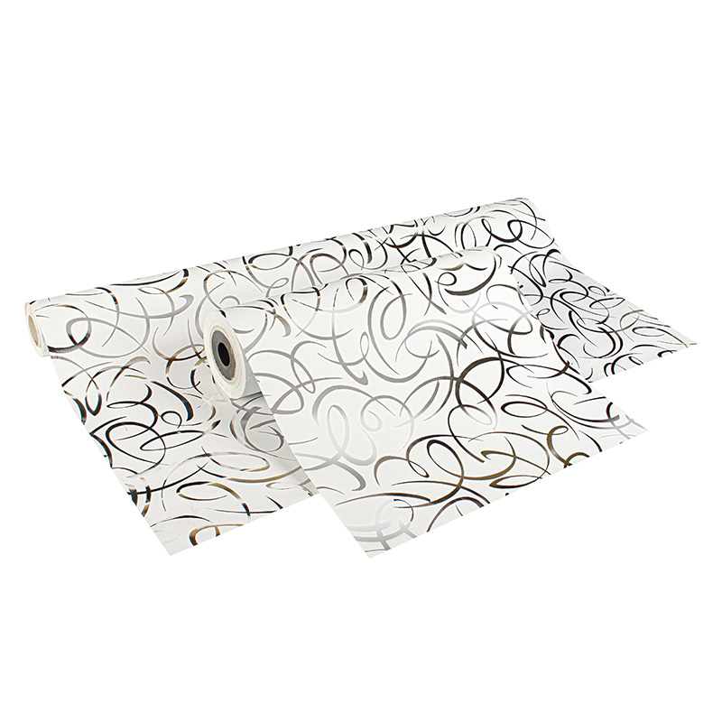 Gift wrapping paper, white with metallic silver 'volutes', 0.70 x 25 m, 80 g