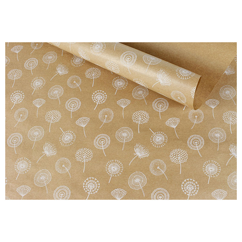 Kraft wrapping paper, white dandelion blossom motifs 0.70 x 25m