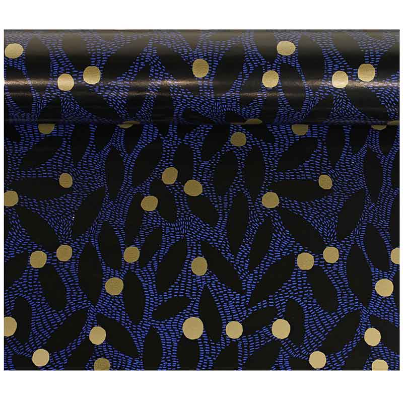 Papier cadeau bleu et noir avec des points dorés, 0,70 x 25m, 60g