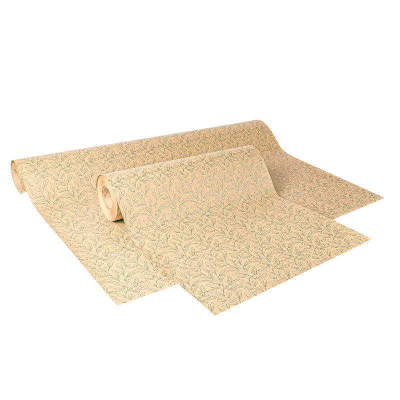 Recycled Kraft gift paper with metallic duck blue leaf motif, 0.70 x 25 m, 70g
