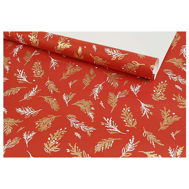 Seasonal red wrapping paper with gold mistletoe motifs