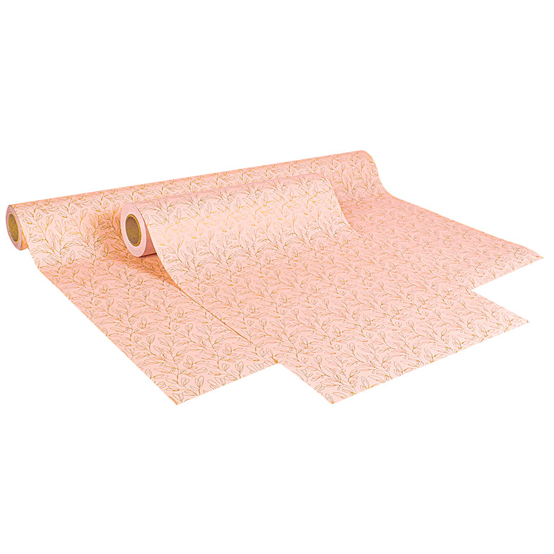 Shiny pink gift paper with matt gold leaf print, 0.70 x 25 m, 70g