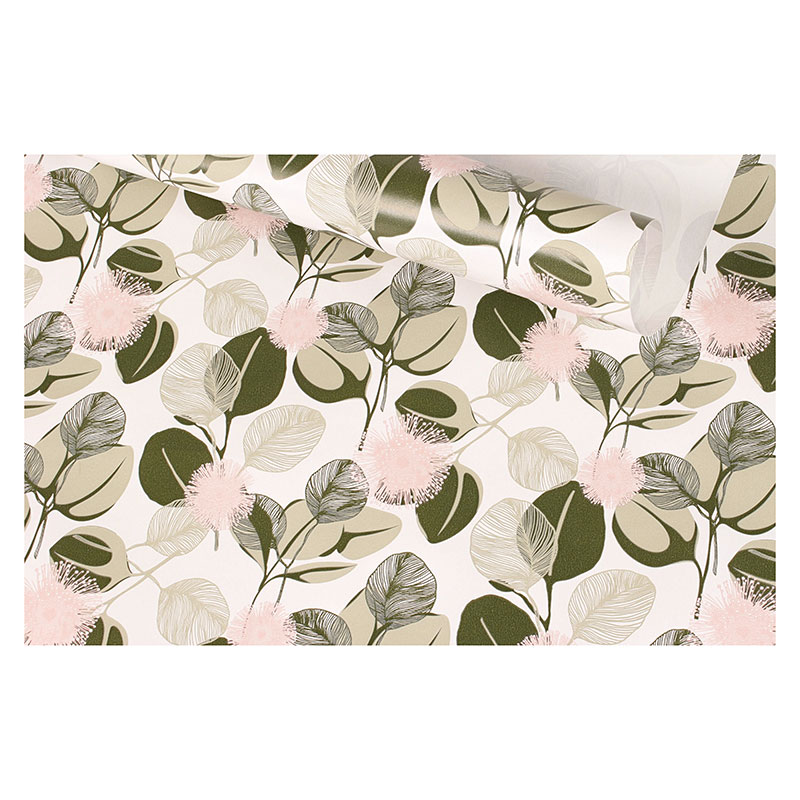 White wrapping paper with khaki and pink foliage design 0.70 x 25m
