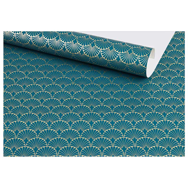 Turquoise gift wrapping paper with gold fan shape motifs