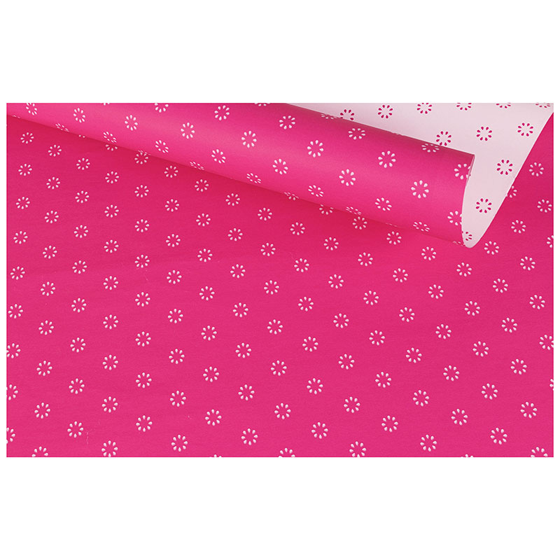 Two-sided recycled fuchsia gift wrap, flower motifs - 0.70 x 25m