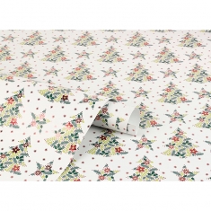 White festive wrapping paper with metallic green and red Christmas tree and star motifs, 0.70 x 25m