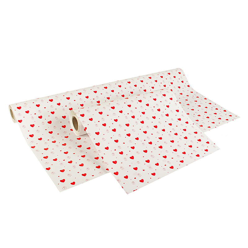 White gift paper with red Valentine hearts and presents print, 0.35 x 50 m