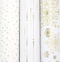 White gift wrapping paper with metallic gold snowflake motifs, 0.70 x 25m