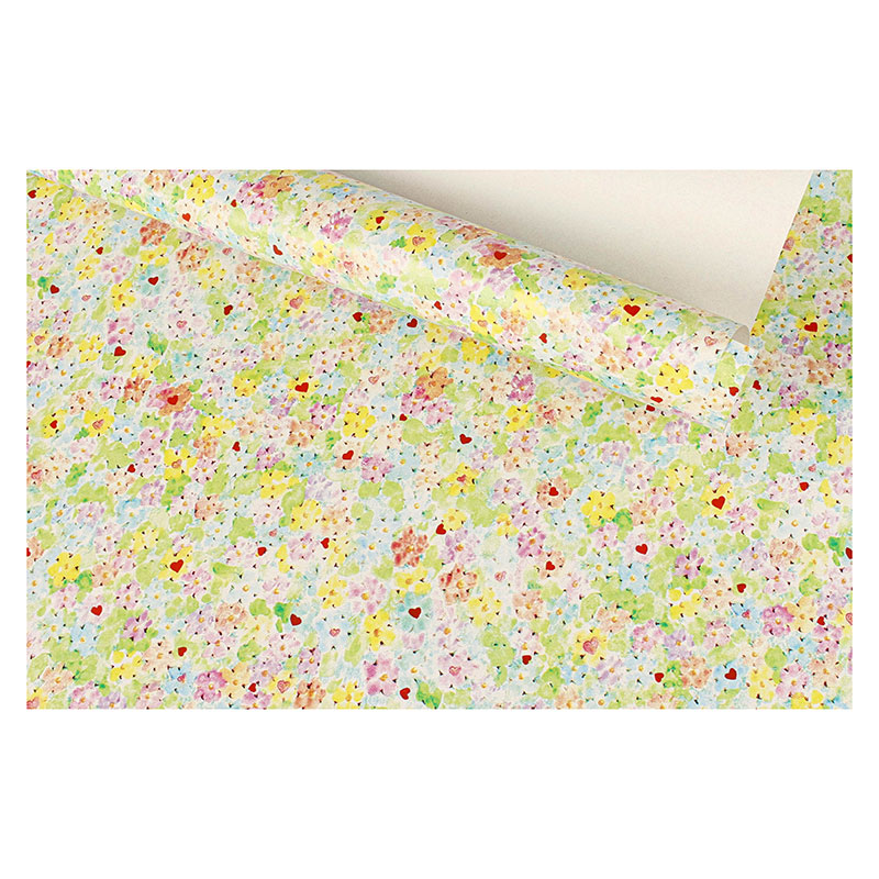 White recycled gift wrap, colourful flower and heart motifs 0.70 x 25m