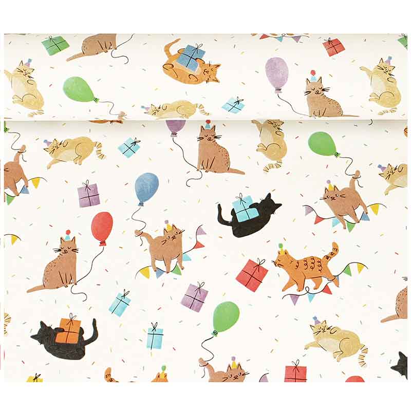 White wrapping paper with cat, balloon and gift motifs, 0.70 x 25m, 80g