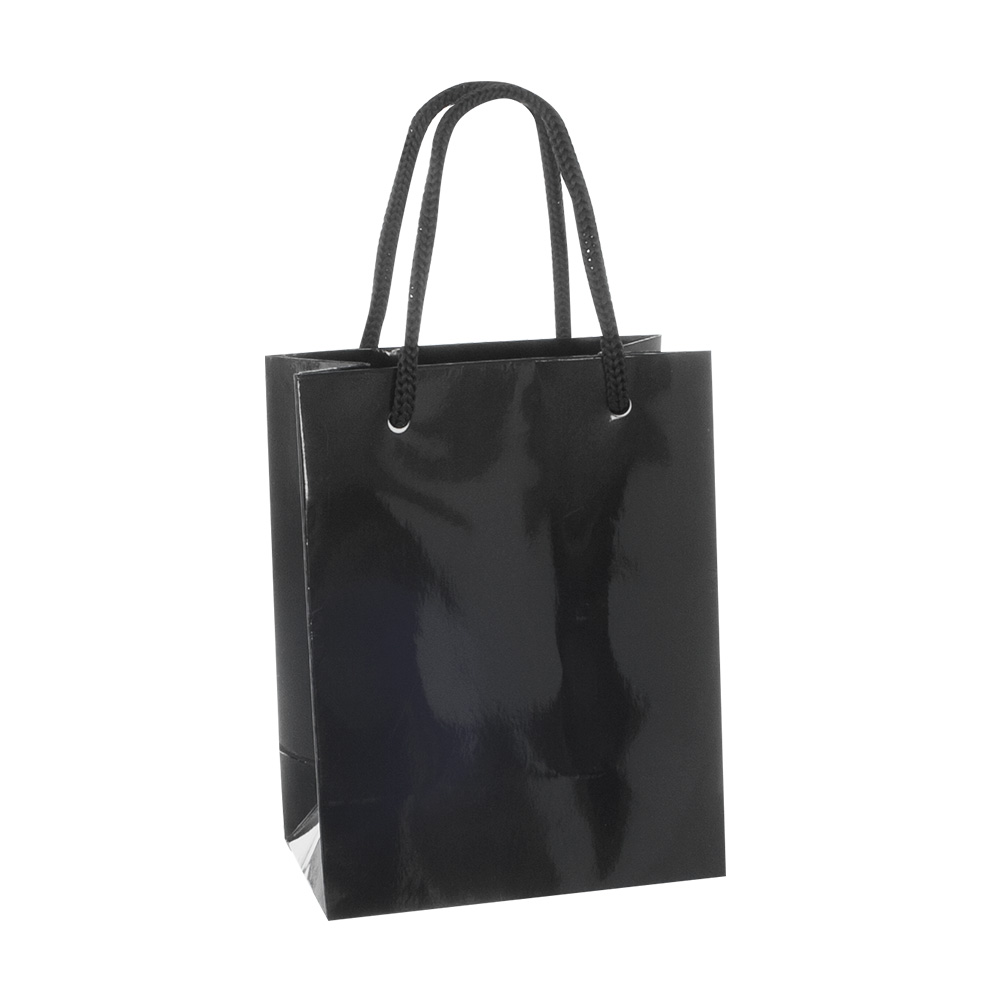 Black gloss paper boutique bags, 11.4 x 6.4 x 14 .6 cm H, 190 g